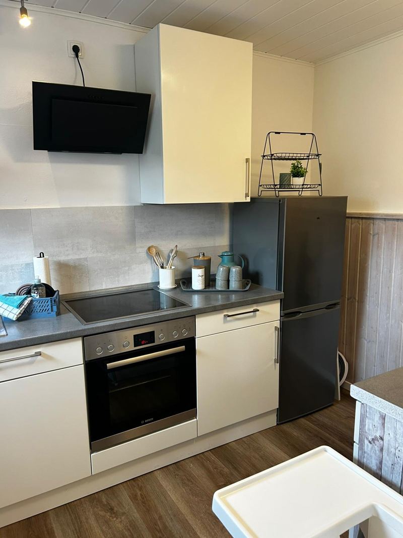 Küche mit Backofen, Kochfeld und Kühlschrank in der Ferienwohnung Lotta