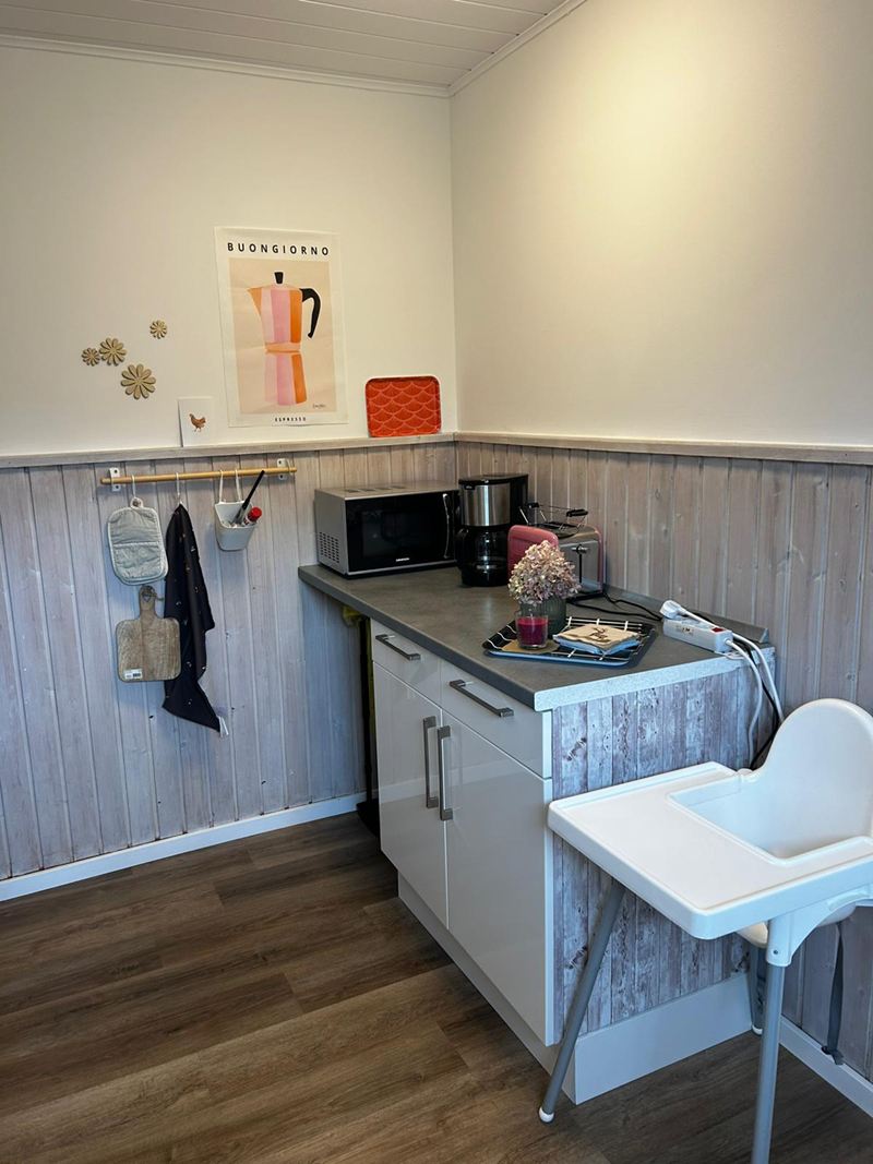 Küchenzeile mit Mikrowelle und Kinderhochstuhl in der Ferienwohnung Lotta