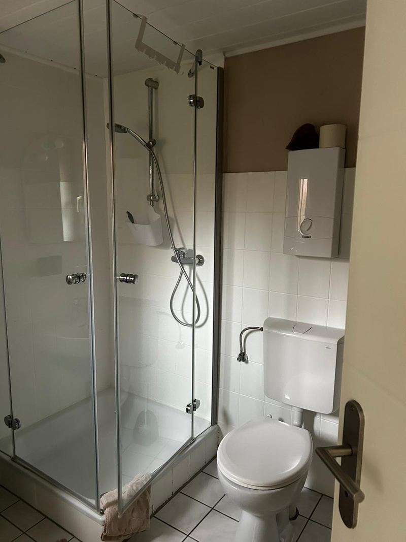 Dusche mit Glastür und WC im Bad der Ferienwohnung Luuk