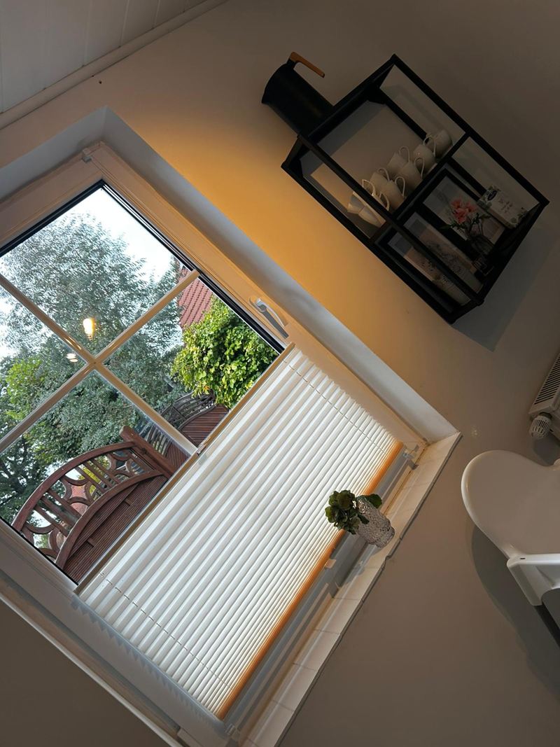 Fenster mit Plissee und Blick ins Grüne in der Ferienwohnung Luuk