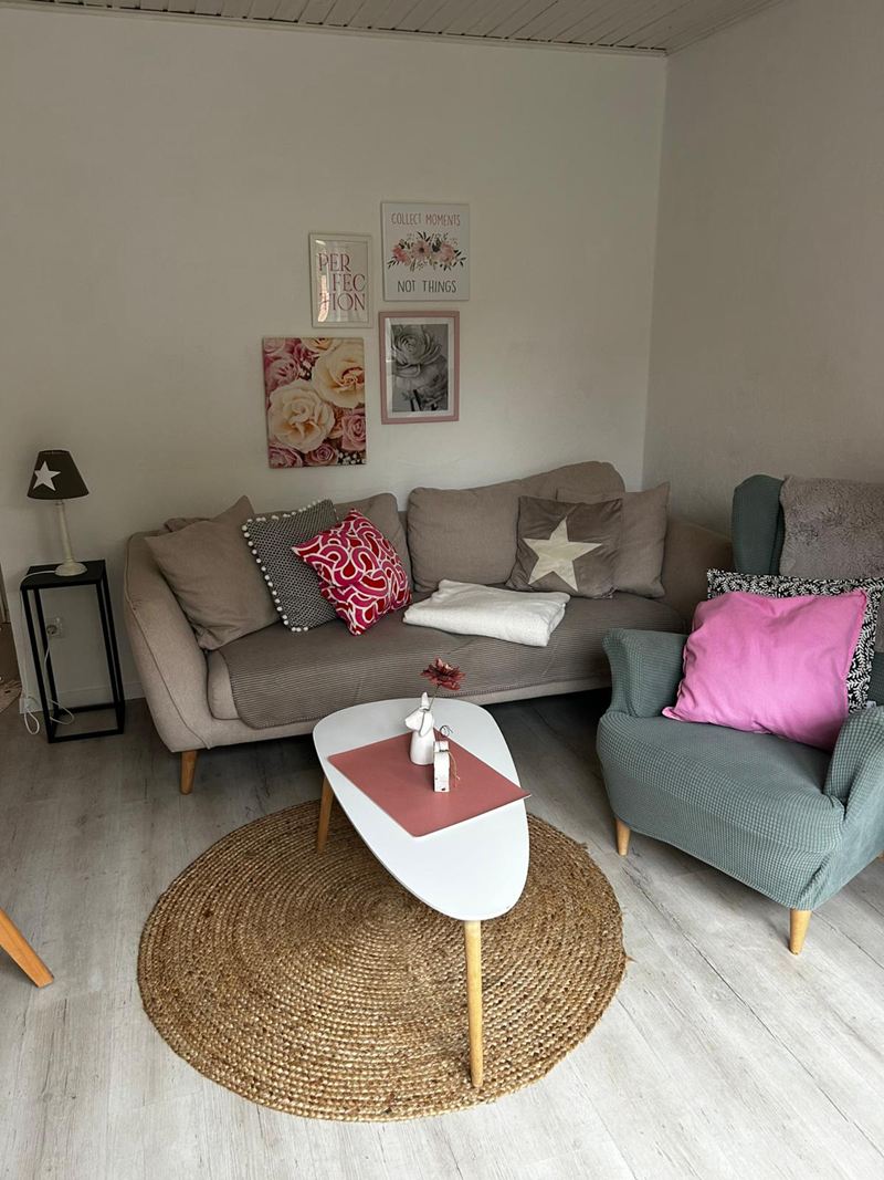 Wohnzimmer mit Sofa, Sessel und rundem Teppich in der Ferienwohnung Luuk